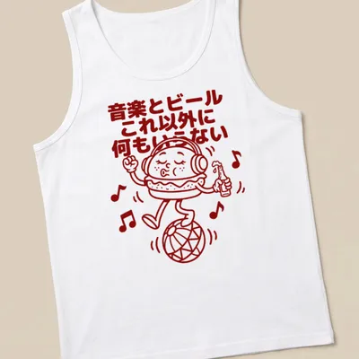 Kawaii line-art print of a burger with headphones and beer, featuring playful Japanese text — printed on a tank top