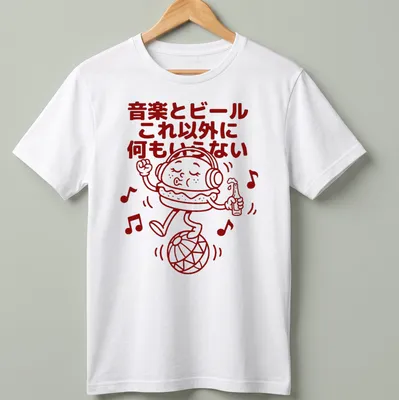 Kawaii line-art print of a burger with headphones and beer, featuring playful Japanese text