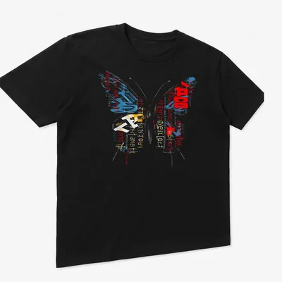 Anime-themed T-shirt with butterfly design and text about anime lifestyle — printed on a unisex t-shirt (angled view)