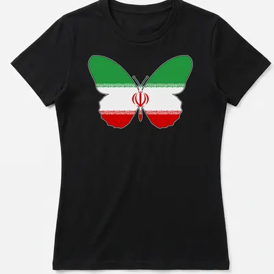 Illustration of a butterfly featuring the Iranian flag colors: green, white, and red. — printed on a women's shirt