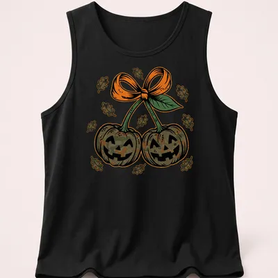 Vintage illustration of camo pumpkins with a bow in earthy colors — printed on a tank top