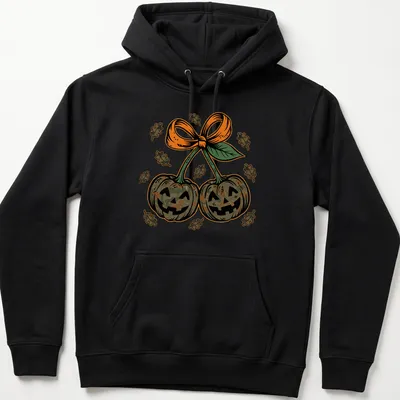 Vintage illustration of camo pumpkins with a bow in earthy colors — printed on a unisex hoodie