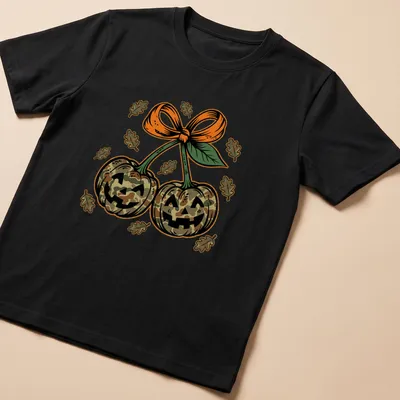 Vintage illustration of camo pumpkins with a bow in earthy colors