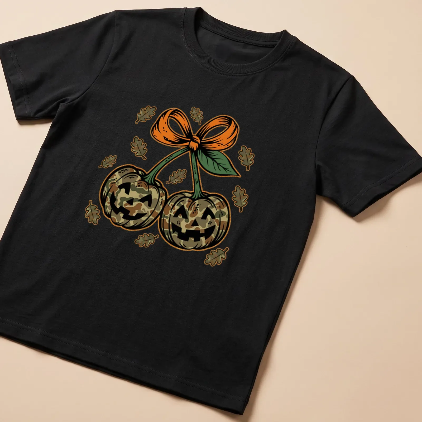 Vintage illustration of camo pumpkins with a bow in earthy colors — printed on a unisex t-shirt