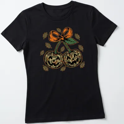 Vintage illustration of camo pumpkins with a bow in earthy colors — printed on a women's shirt