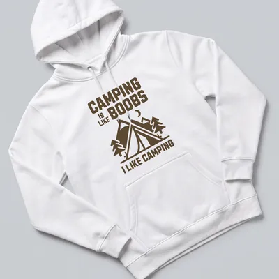 Bold graphic camping scene with humorous text about camping and boobs — printed on a unisex hoodie