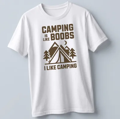 Bold graphic camping scene with humorous text about camping and boobs
