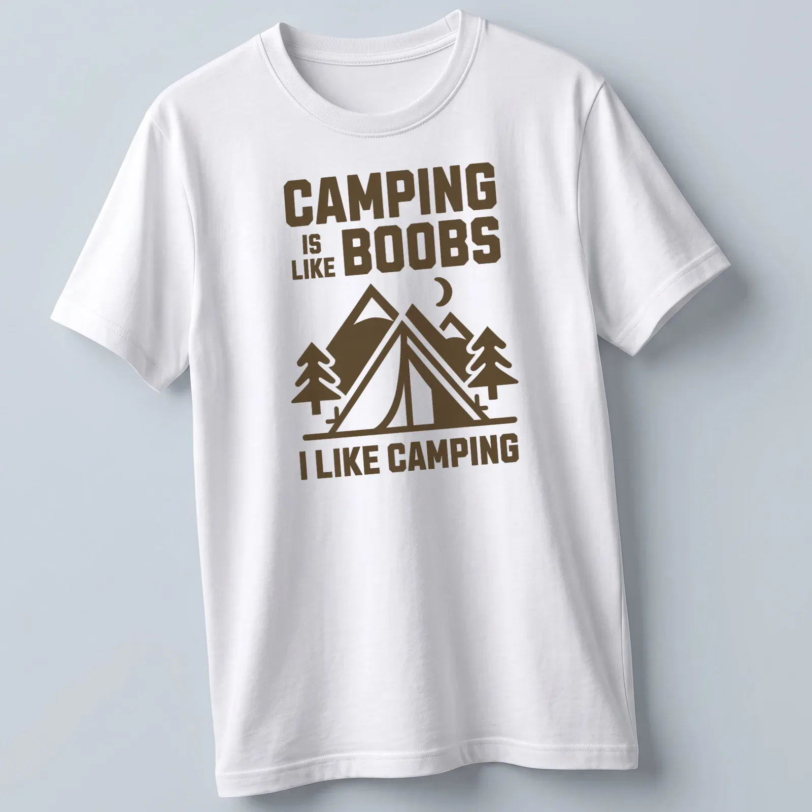 Bold graphic camping scene with humorous text about camping and boobs — printed on a unisex t-shirt