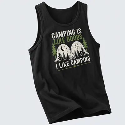 Line art camping scene with trees and mountains, featuring humorous text. — printed on a tank top