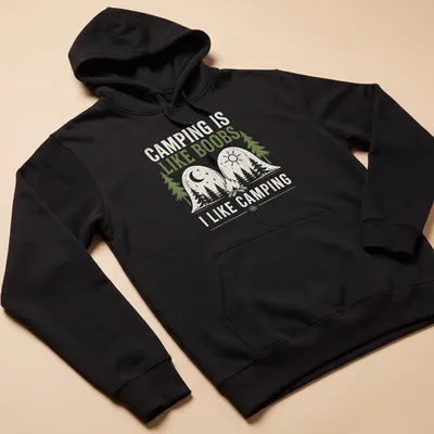 Line art camping scene with trees and mountains, featuring humorous text. — printed on a unisex hoodie