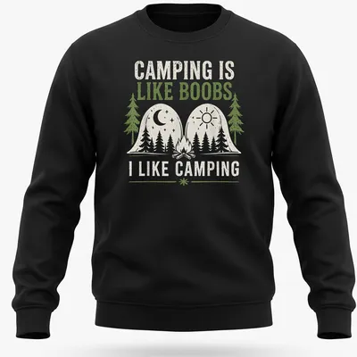 Line art camping scene with trees and mountains, featuring humorous text. — printed on a unisex sweatshirt