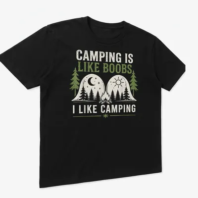 Line art camping scene with trees and mountains, featuring humorous text. — printed on a unisex t-shirt (angled view)
