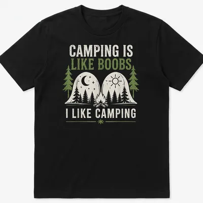 Line art camping scene with trees and mountains, featuring humorous text.
