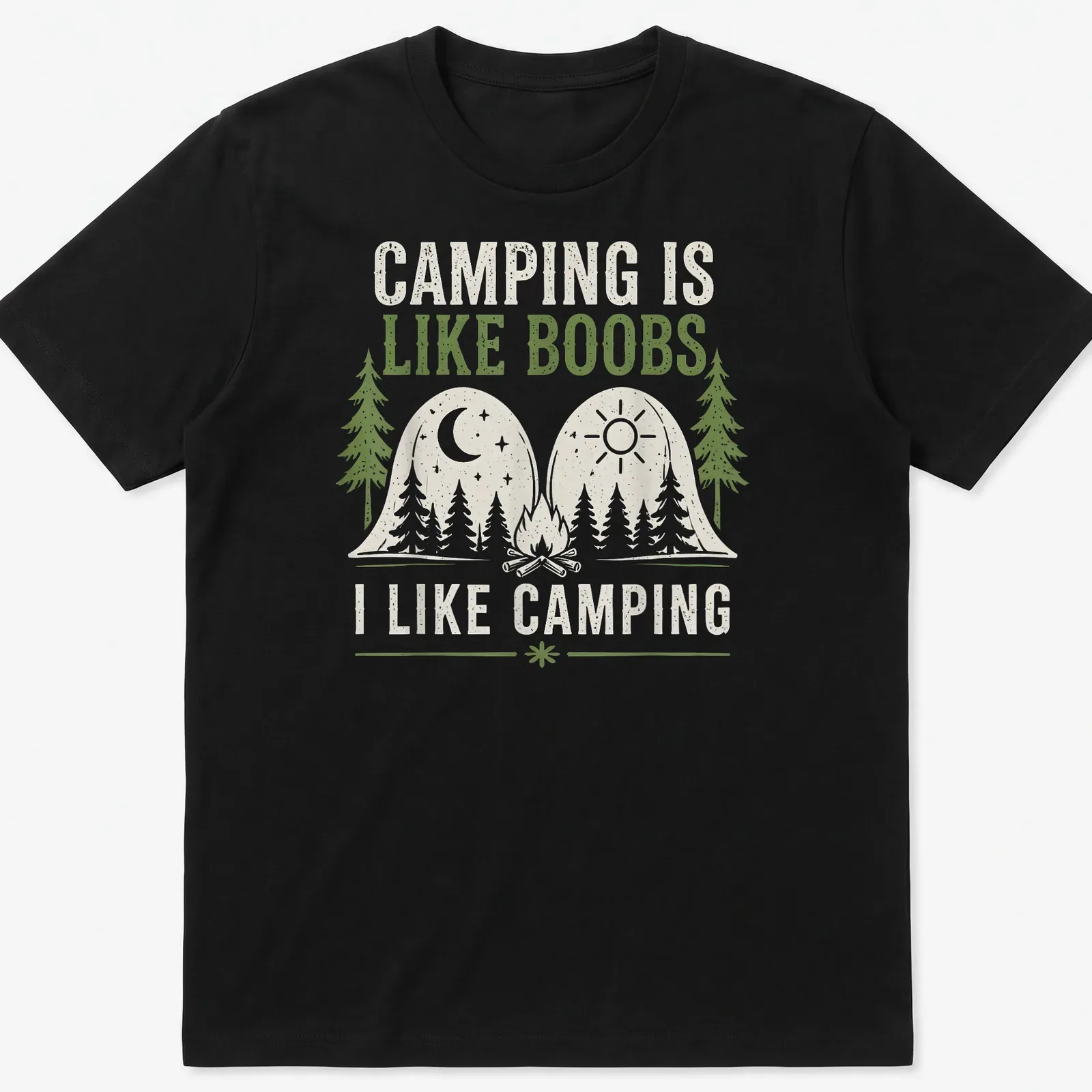 Line art camping scene with trees and mountains, featuring humorous text. — printed on a unisex t-shirt