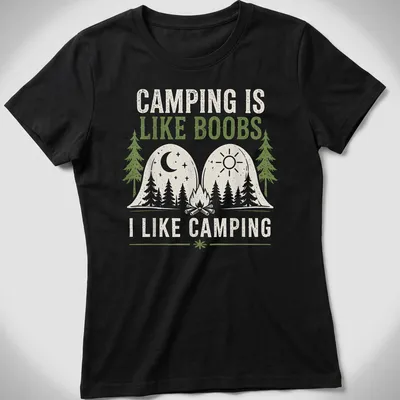 Line art camping scene with trees and mountains, featuring humorous text. — printed on a women's shirt