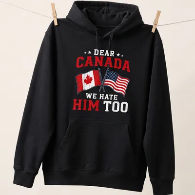 Bold graphic t-shirt with Canadian and American flags and humorous text — printed on a unisex hoodie