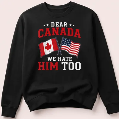 Bold graphic t-shirt with Canadian and American flags and humorous text — printed on a unisex sweatshirt
