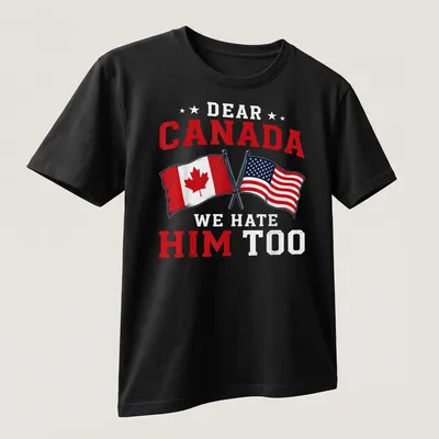 Bold graphic t-shirt with Canadian and American flags and humorous text — printed on a unisex t-shirt (angled view)