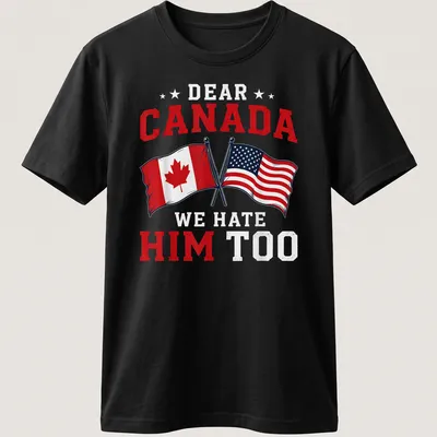 Bold graphic t-shirt with Canadian and American flags and humorous text