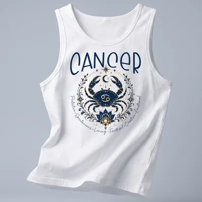 Illustrated Cancer zodiac crab with detailed traits in navy blue, gold, white, and teal — printed on a tank top