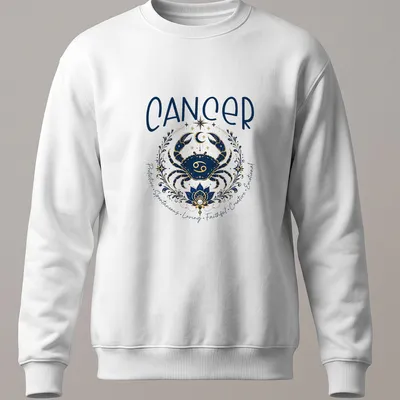 Illustrated Cancer zodiac crab with detailed traits in navy blue, gold, white, and teal — printed on a unisex sweatshirt
