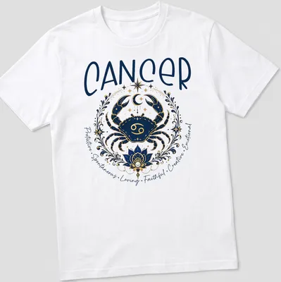 Illustrated Cancer zodiac crab with detailed traits in navy blue, gold, white, and teal