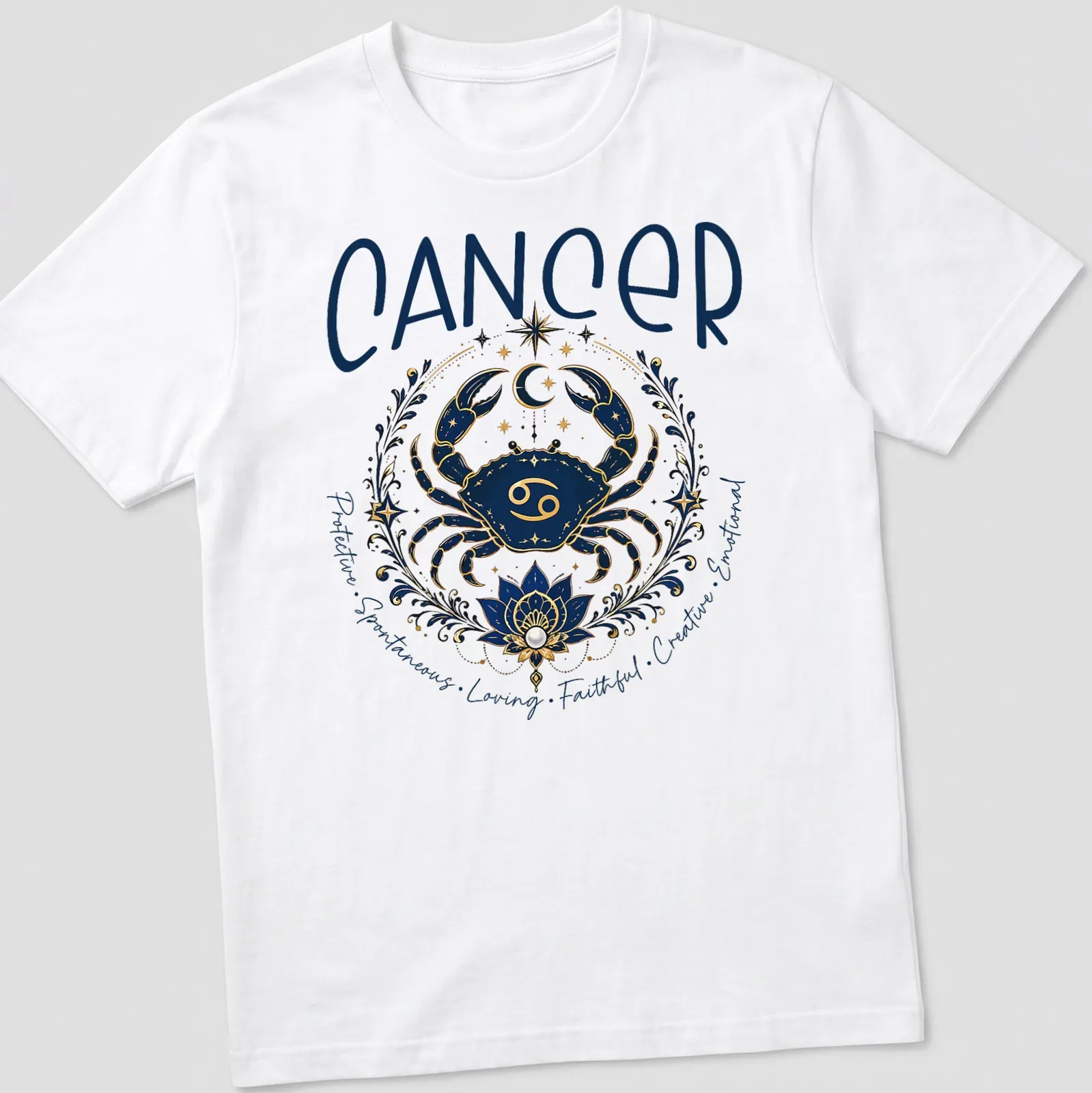 Illustrated Cancer zodiac crab with detailed traits in navy blue, gold, white, and teal — printed on a unisex t-shirt
