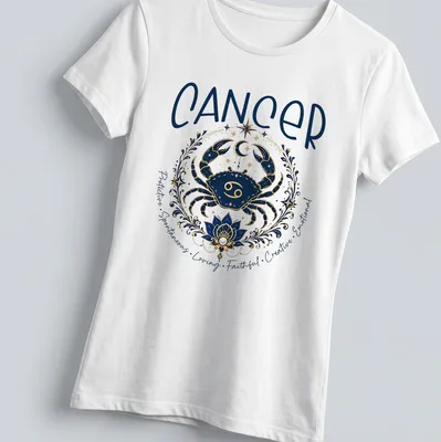 Illustrated Cancer zodiac crab with detailed traits in navy blue, gold, white, and teal — printed on a women's shirt