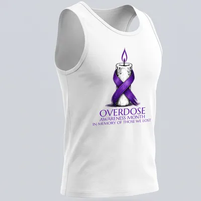 Illustration of a candle with a purple ribbon and text for overdose awareness — printed on a tank top