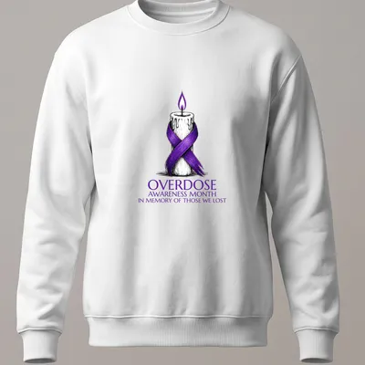 Illustration of a candle with a purple ribbon and text for overdose awareness — printed on a unisex sweatshirt