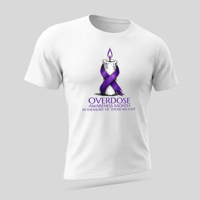 Illustration of a candle with a purple ribbon and text for overdose awareness — printed on a unisex t-shirt (angled view)