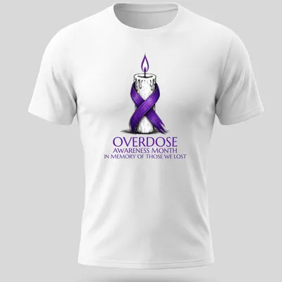 Illustration of a candle with a purple ribbon and text for overdose awareness