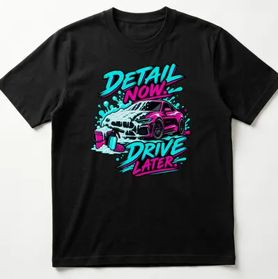 Bold graphic t-shirt featuring a car wash scene with foam and playful text