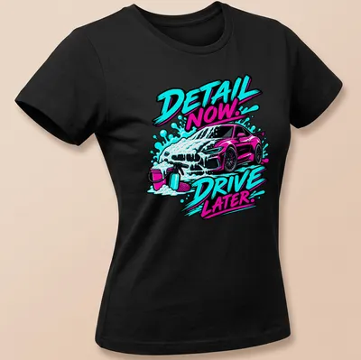 Bold graphic t-shirt featuring a car wash scene with foam and playful text — printed on a women's shirt