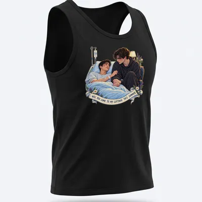 Realistic illustration of a caring couple in bed with summer invitation text — printed on a tank top