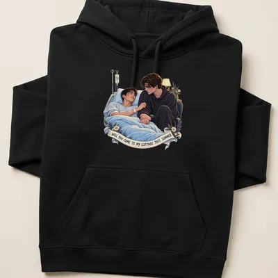 Realistic illustration of a caring couple in bed with summer invitation text — printed on a unisex hoodie