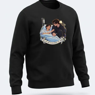 Realistic illustration of a caring couple in bed with summer invitation text — printed on a unisex sweatshirt
