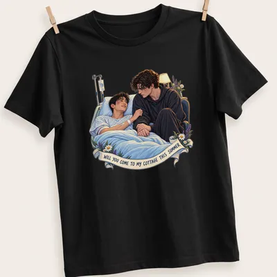 Realistic illustration of a caring couple in bed with summer invitation text — printed on a unisex t-shirt