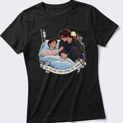 Realistic illustration of a caring couple in bed with summer invitation text — printed on a women's shirt