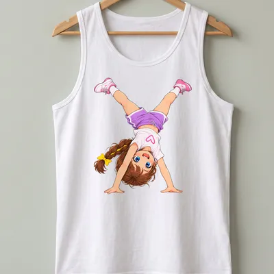 Kawaii cartoon character Kenzie doing a handstand in colorful design — printed on a tank top