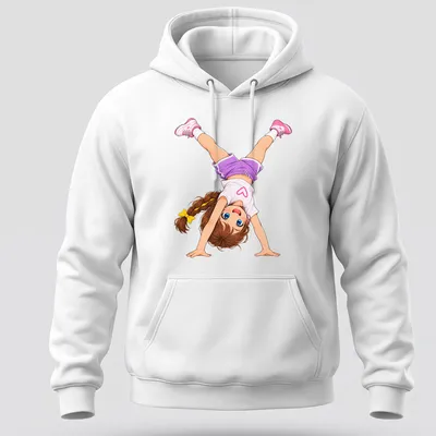 Kawaii cartoon character Kenzie doing a handstand in colorful design — printed on a unisex hoodie