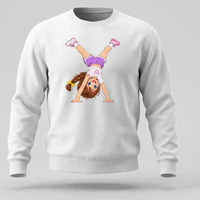 Kawaii cartoon character Kenzie doing a handstand in colorful design — printed on a unisex sweatshirt