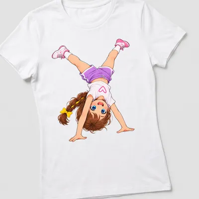 Kawaii cartoon character Kenzie doing a handstand in colorful design — printed on a women's shirt
