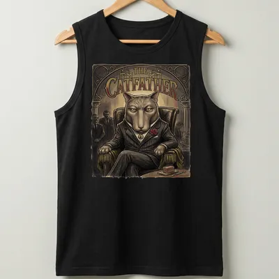 Retro design featuring a cat in a suit with the text 'THE CATFATHER' — printed on a tank top