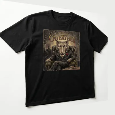 Retro design featuring a cat in a suit with the text 'THE CATFATHER' — printed on a unisex t-shirt (angled view)