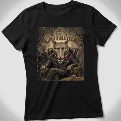 Retro design featuring a cat in a suit with the text 'THE CATFATHER' — printed on a women's shirt