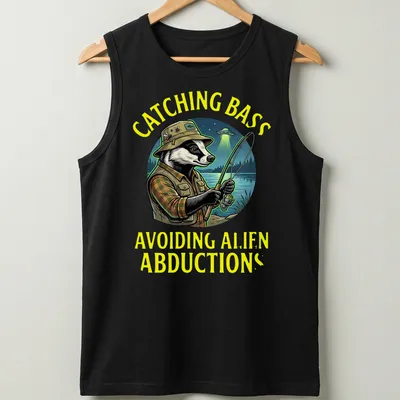 Colorful cartoon of a badger fisherman with funny text about alien abductions — printed on a tank top
