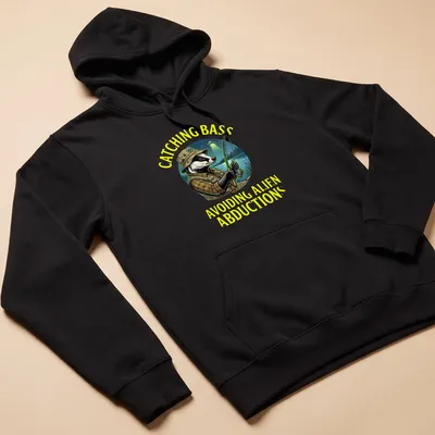 Colorful cartoon of a badger fisherman with funny text about alien abductions — printed on a unisex hoodie