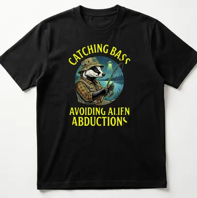 Colorful cartoon of a badger fisherman with funny text about alien abductions