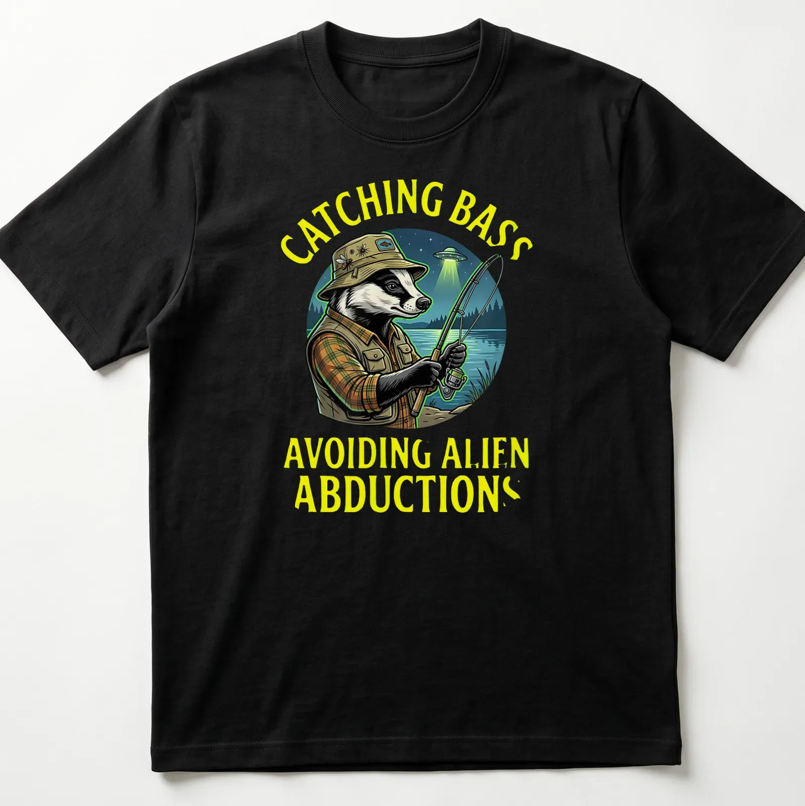 Colorful cartoon of a badger fisherman with funny text about alien abductions — printed on a unisex t-shirt